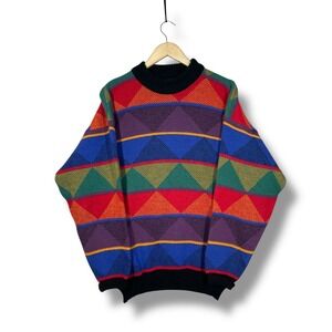 Vintage Colore Geometric Striped Knit Sweater Mens L Multicolor Retro Grandpa